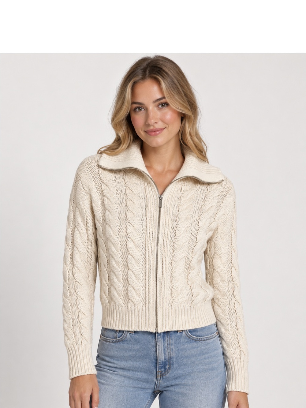 Z Supply Ivory Cable Knit Full Zip Sweater Cardigan XS Cotton Blend